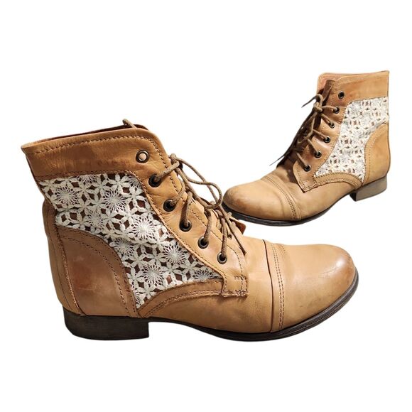 Steve Madden "Thundr-C" Cognac Brown Crochet Accent Lace Up Ankle Boots SZ 10M - Picture 1 of 8